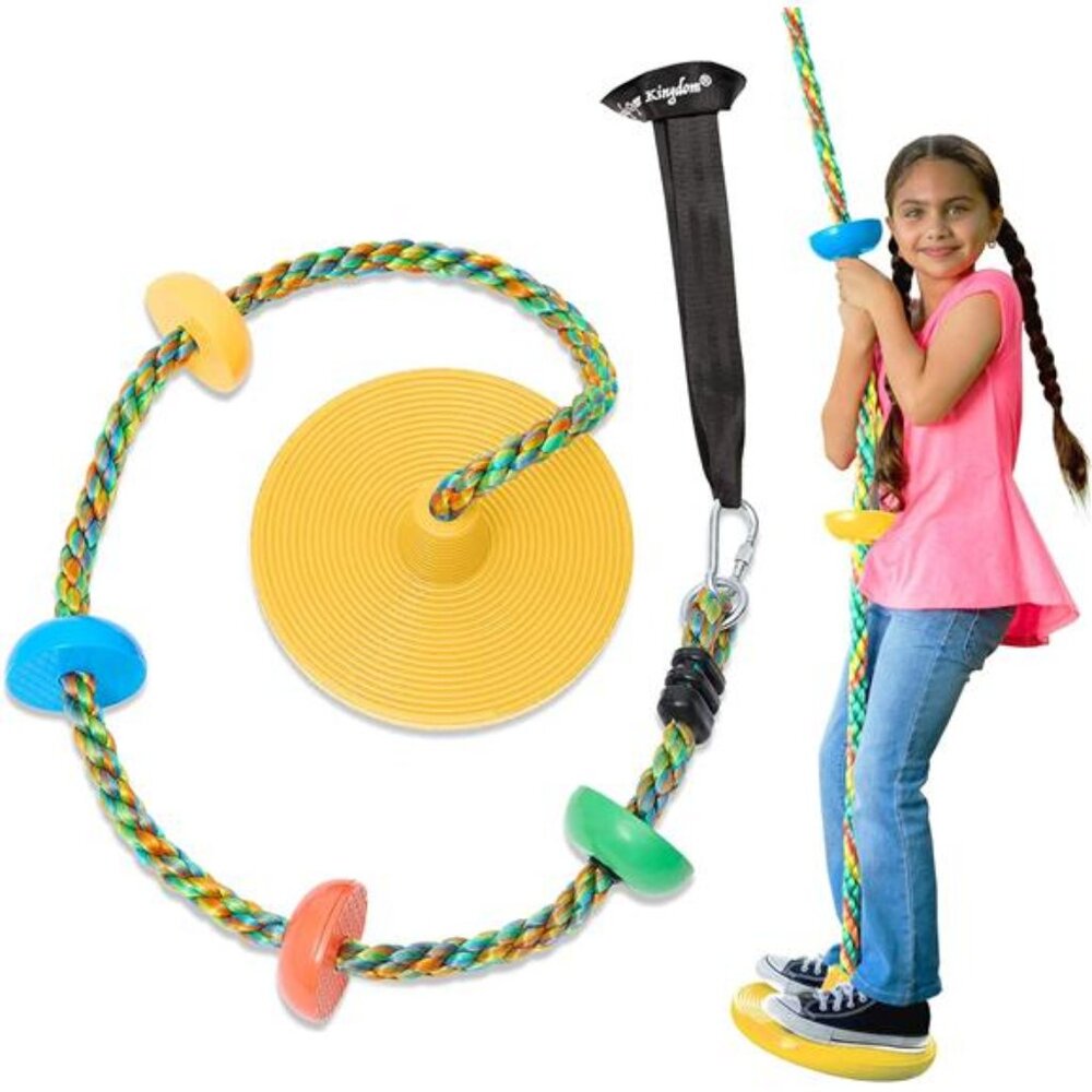 Tree Swing for Kids - Single Disc Seat and Rainbow Climbing Rope Set w/Carabiner